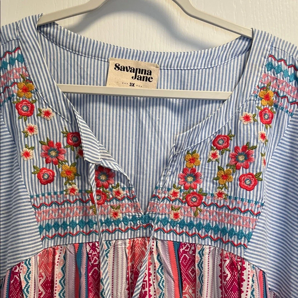 Savanna Jane Blue and Pink Embroidered Blouse - Picture 3 of 6